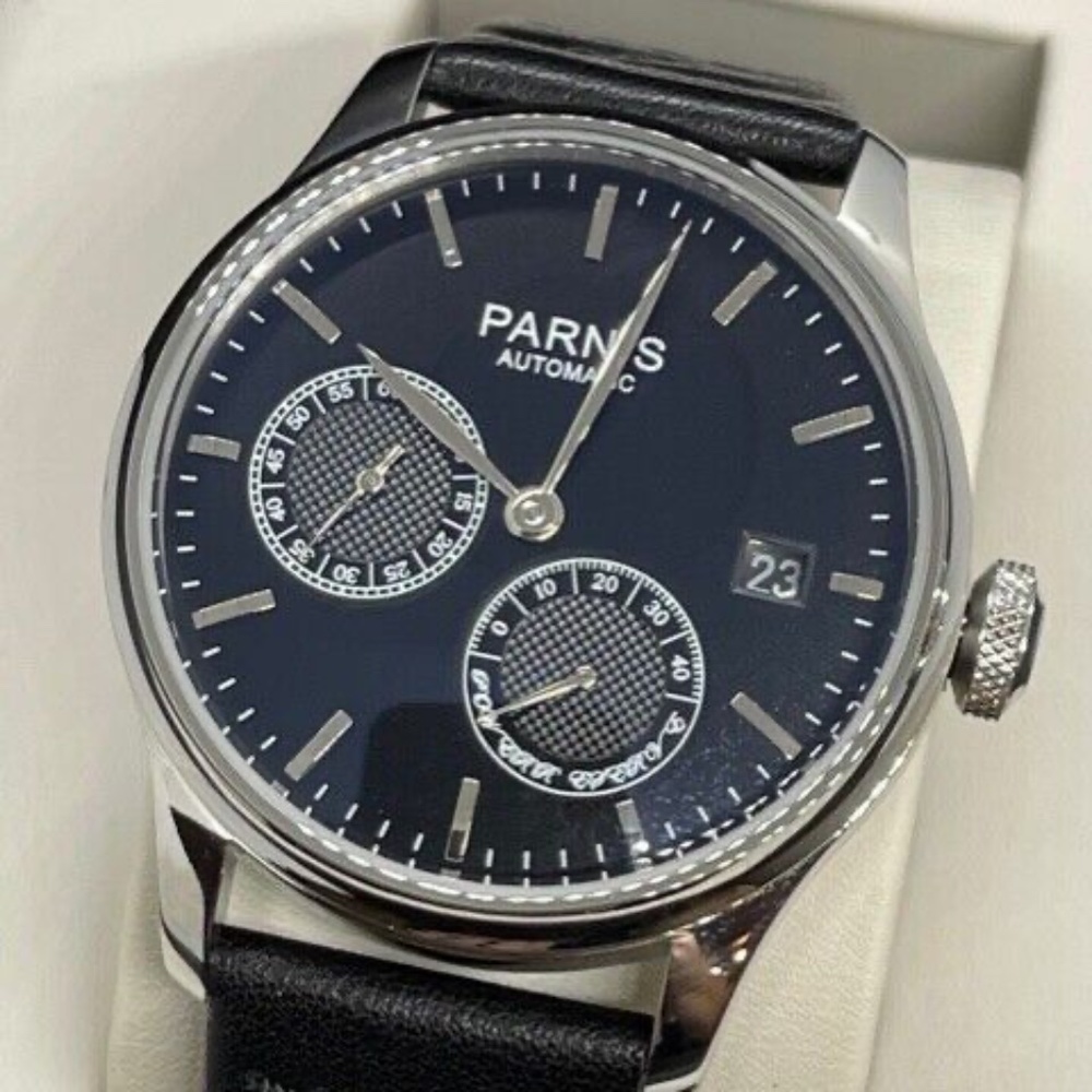 PARNIS 43mm Black Dial Calendar Power Reserve Seagull Leather Automatic Watch